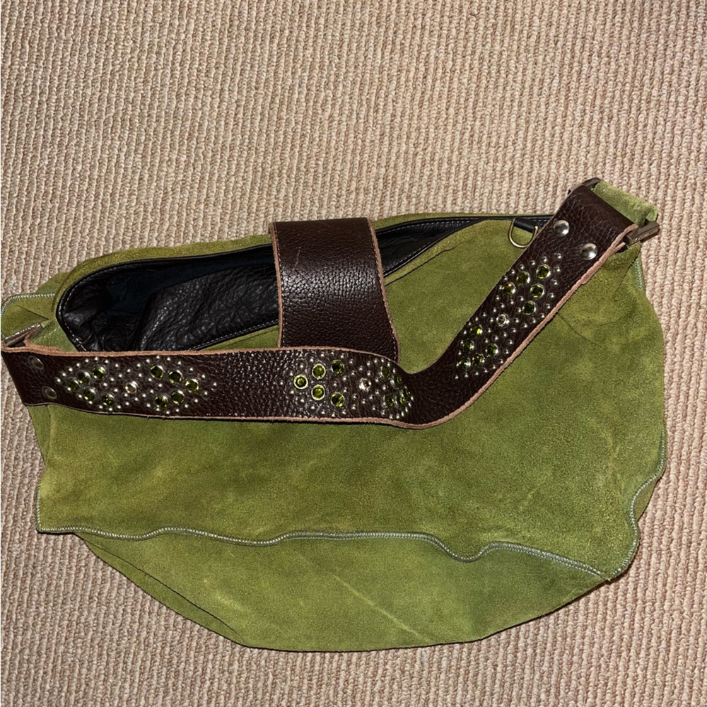 Green Suede and Brown Leather Studded Women's Bag